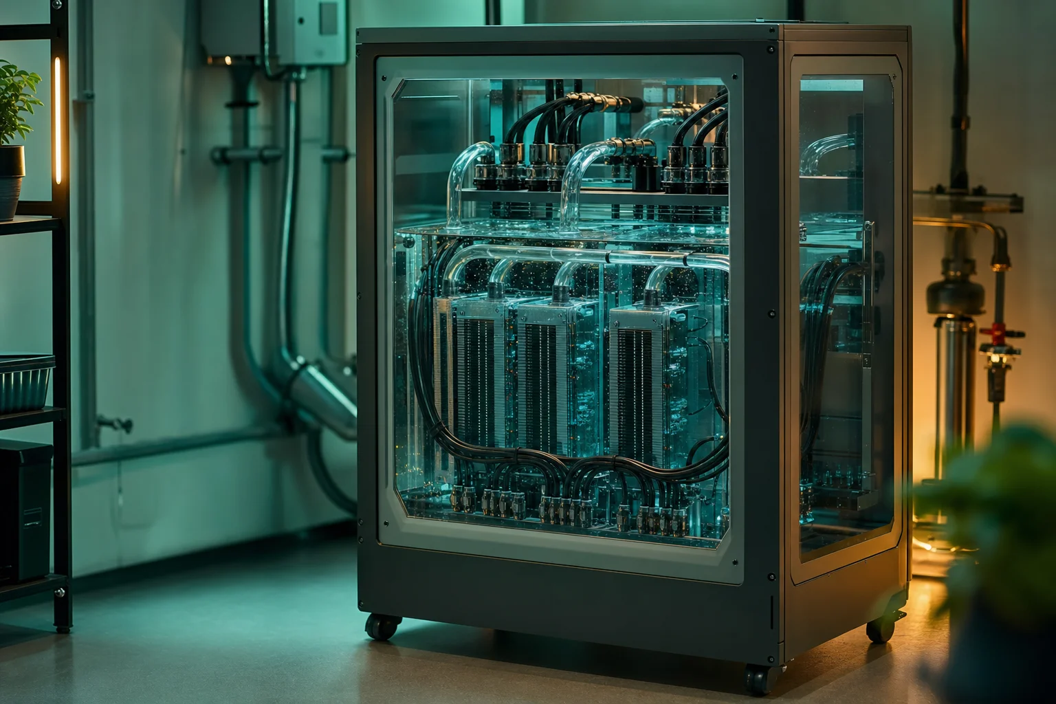 A compact, sealed immersion-cooled computing unit in a tidy utility room