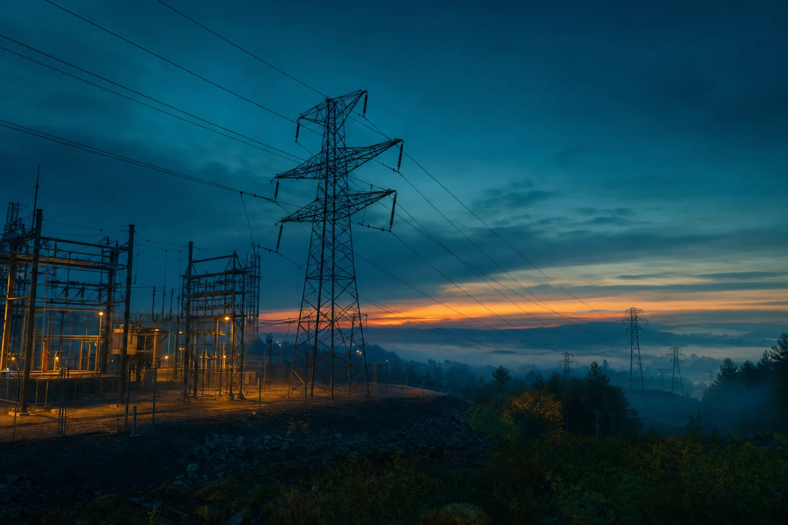 New England transmission lines and a substation silhouetted against a twilight sky