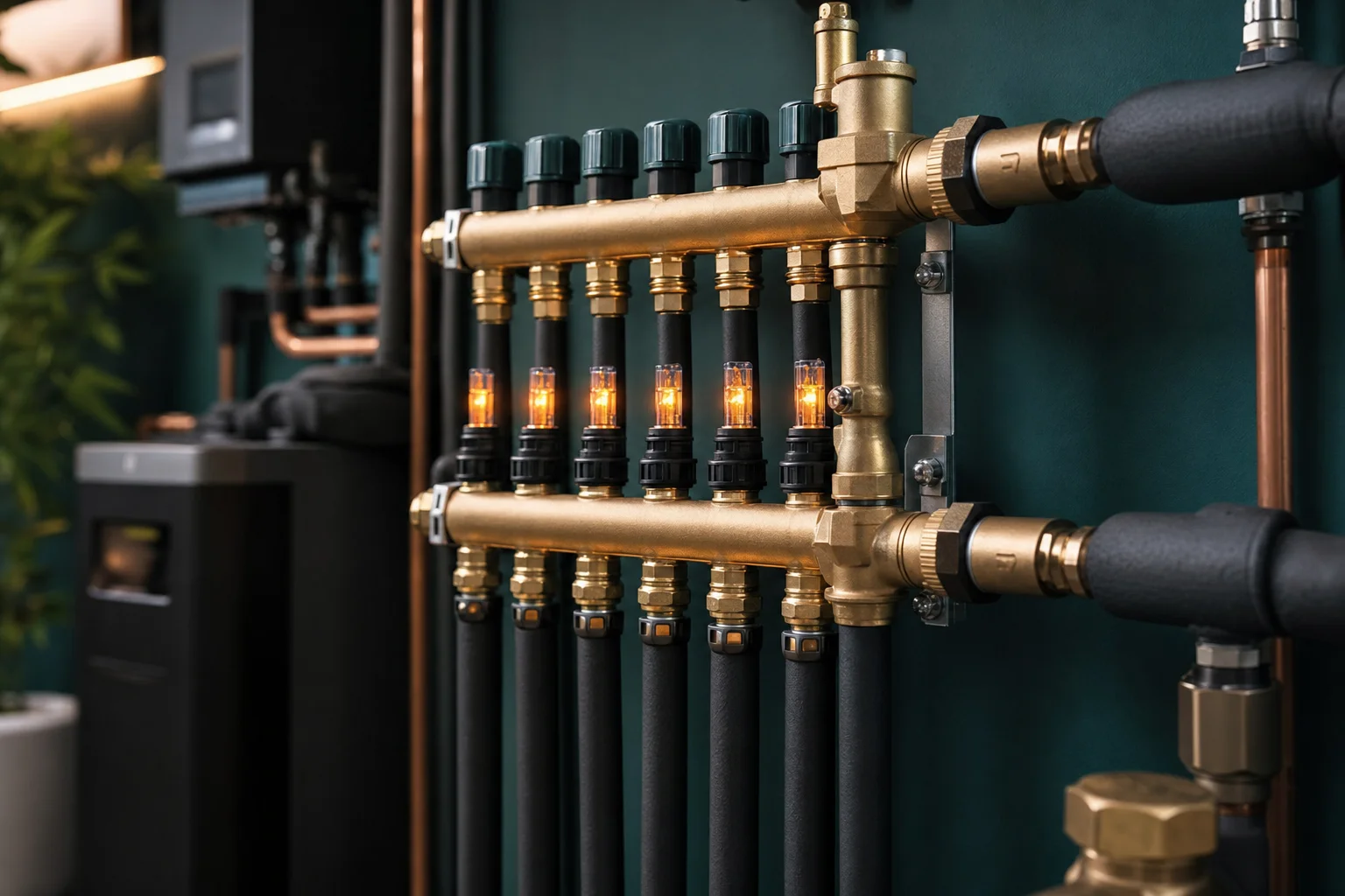 A neatly installed hydronic heating manifold with insulated pipes in a mechanical room